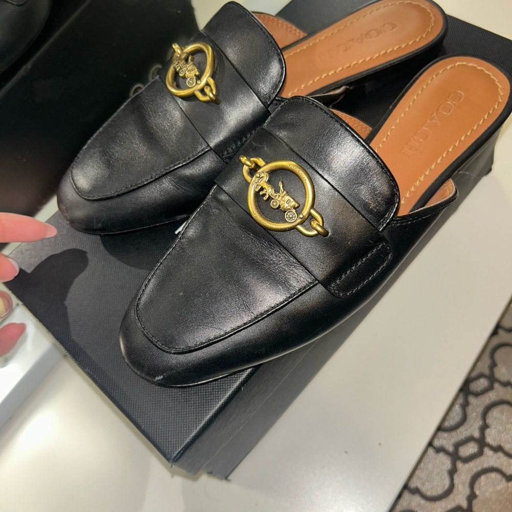 Coach Black Leather Slide Mules with Gold Accent - Picture 3 of 5